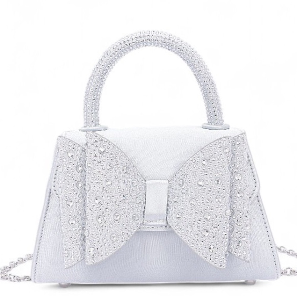 Vegan Leather Rhinestone Bow Top Handle Bag - Gold, Black, and Silver - Picture 3 of 8
